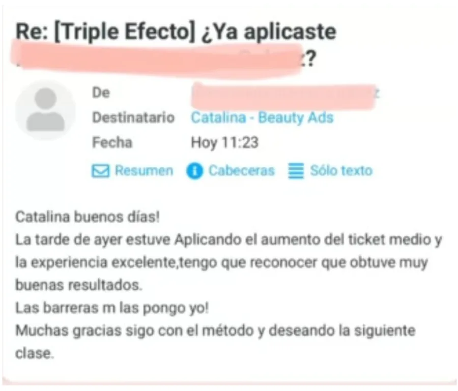 Email de alumna: apliqué el aumento del ticket medio y obtuve muy buenos resultados